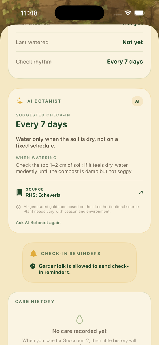 AI Botanist guidance in Gardenfolk showing a suggested check-in rhythm, watering guidance and cited horticultural source